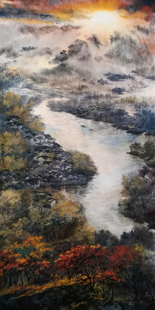 盛絜作品1《霞照江南》  规格：136×68cm  2021年